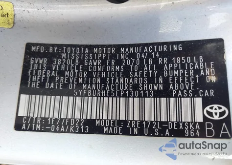 2014 Toyota Corolla S from USA, damaged, VIN 5YFBURHE5EP130113